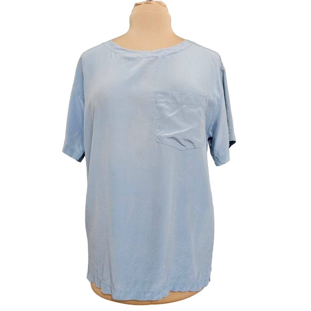 Ralph Lauren Blue Label Top100% Silk Pastel Blue Short Sleeve Pocket Blouse